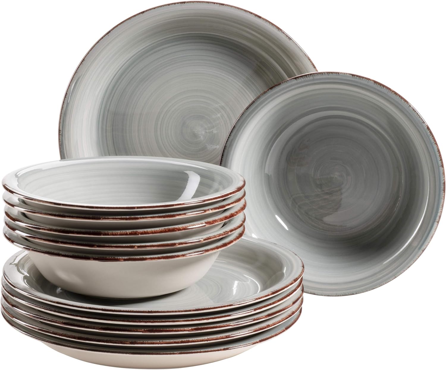 MÄSER Bel Tempo II Teller-Set für 6 Personen im modernen Vintage Look, 12-teiliges Tafelservice, handbemalt, Blau, Steingut, Rauchblau