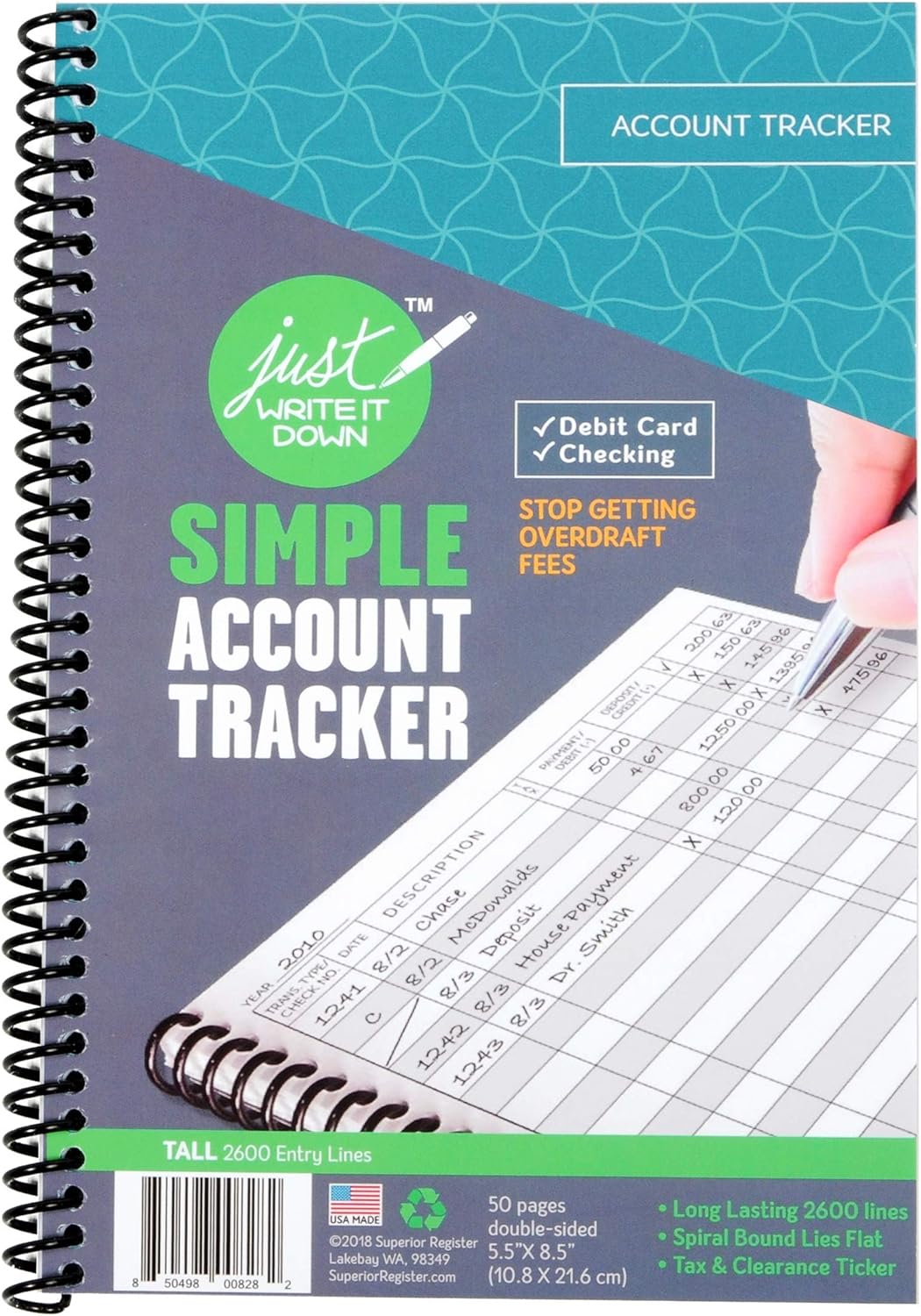 The Superior Check and Debit Card Register - Teal 5.5" x 8.5" : Checkbook Ledger : Office Products