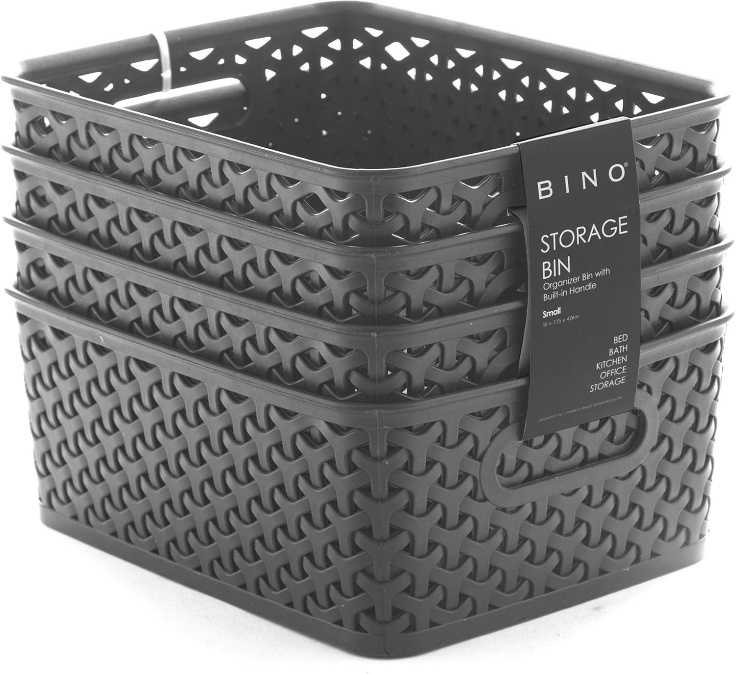 BINO Woven Plastic Storage Basket, Small 4 Pack (Grey)