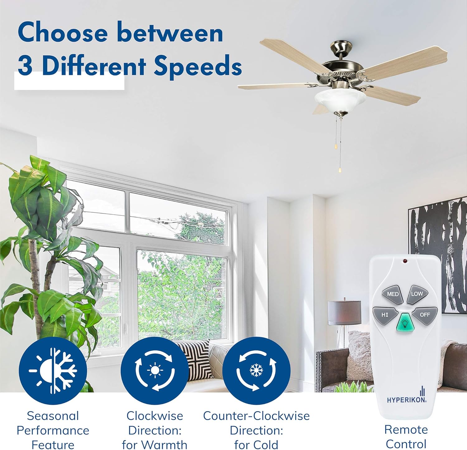 Hyperikon 42 Inch Ceiling Fan Controlled With Remote And Pull