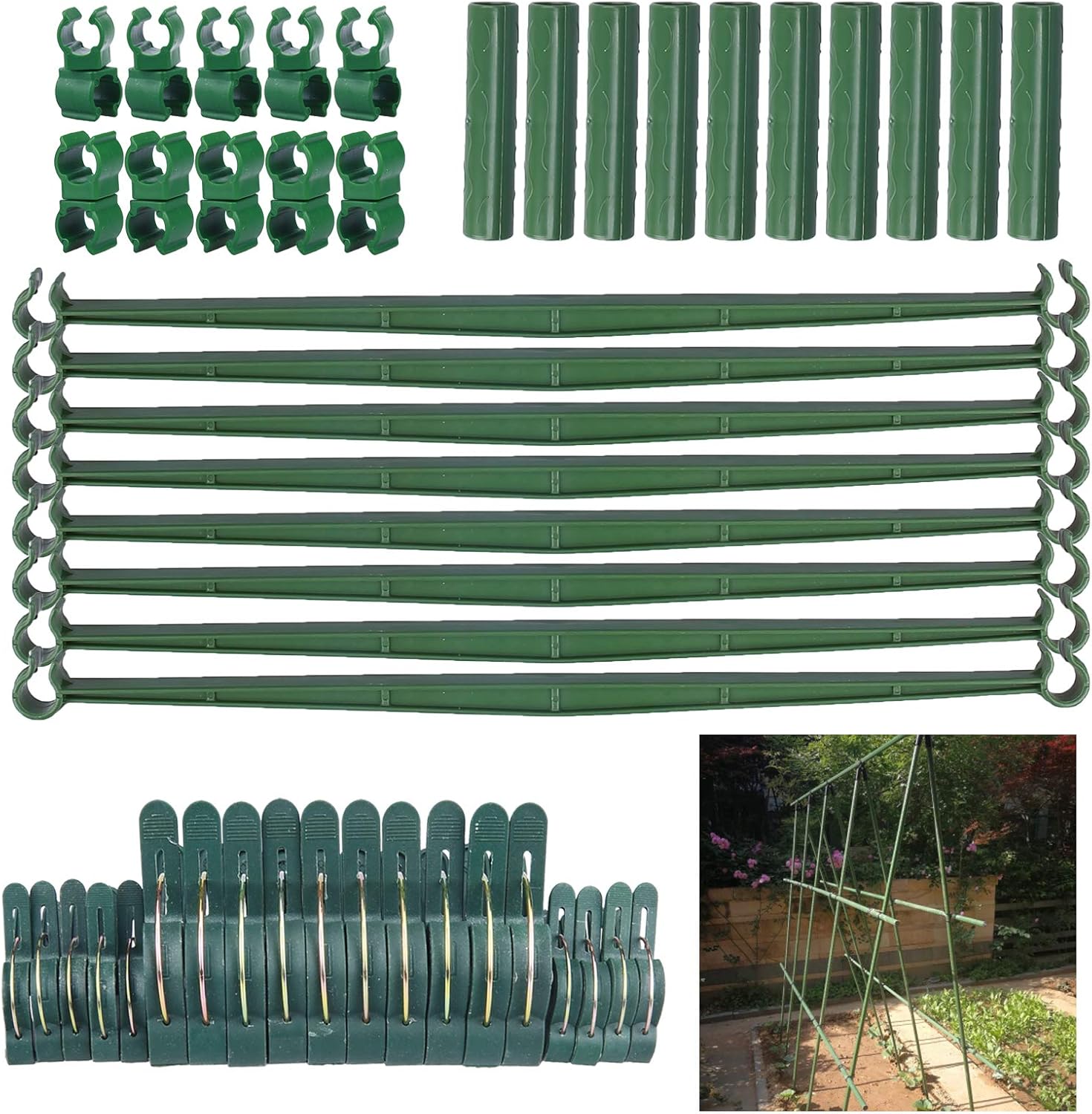 summer flower Tomato Cage Connector Accessories, 24 Stake Arms, 10 Connectors, 20 Plant Support Clips, 10 Stake Buckles for 11mm Diameter Garden Plant Stakes for Vine Cucumber Tomato Without Stakes