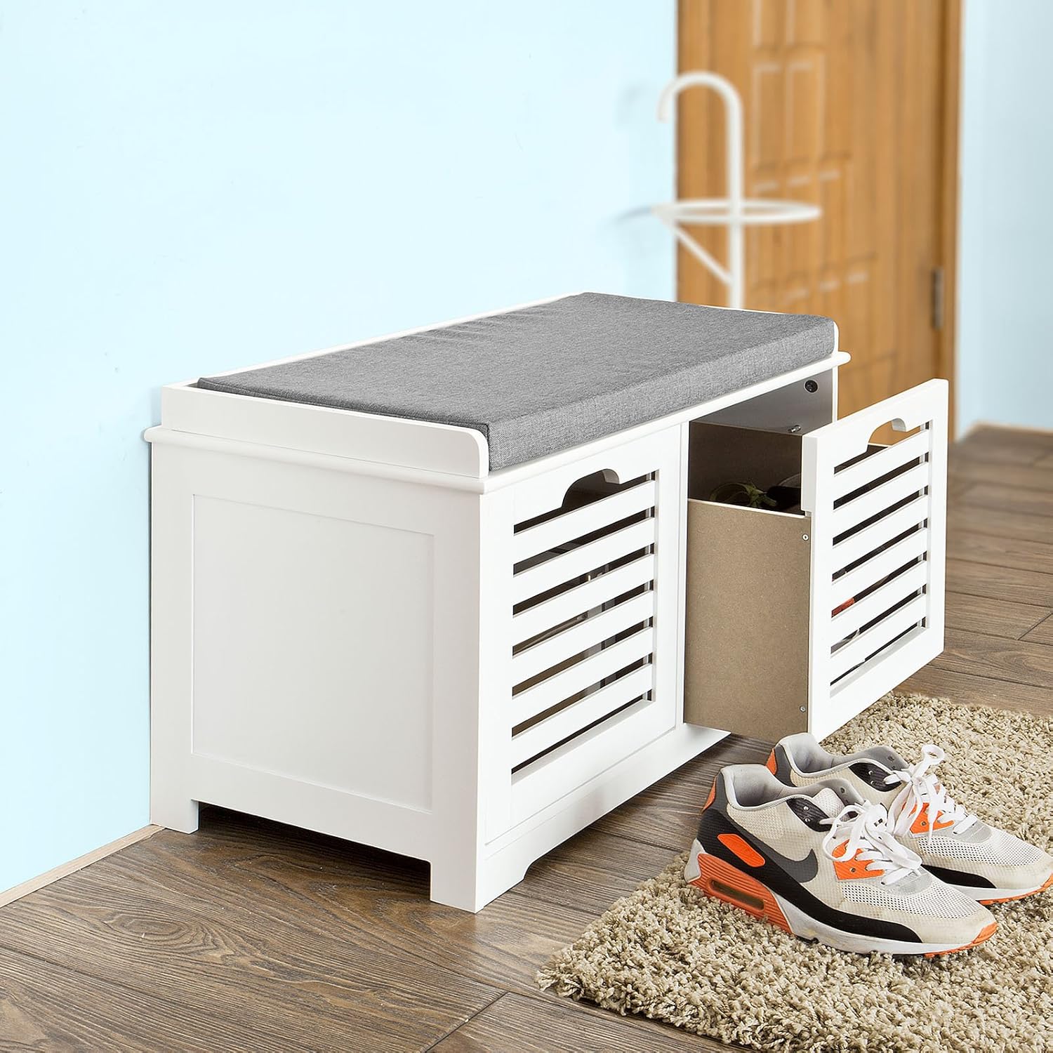 Haotian FSR23-K White Storage Bench with 2 Drawers & Removable Seat Cushion, Shoe Cabinet Shoe Bench (White): Kitchen & Dining
