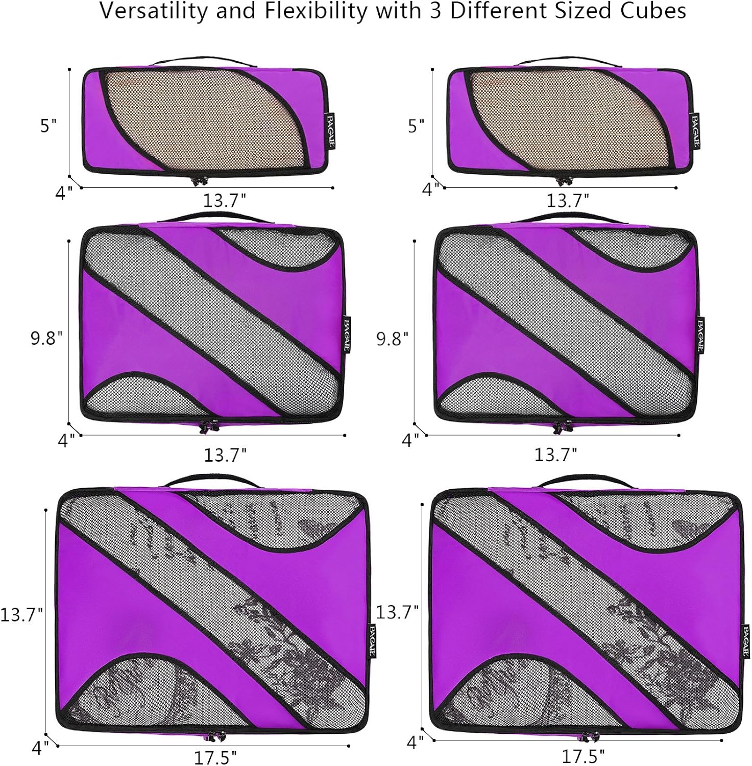  | Bagail 6 Set Packing Cubes, 3 Various Sizes Travel Luggage Packing Organizers(Purple) | Packing Organizers