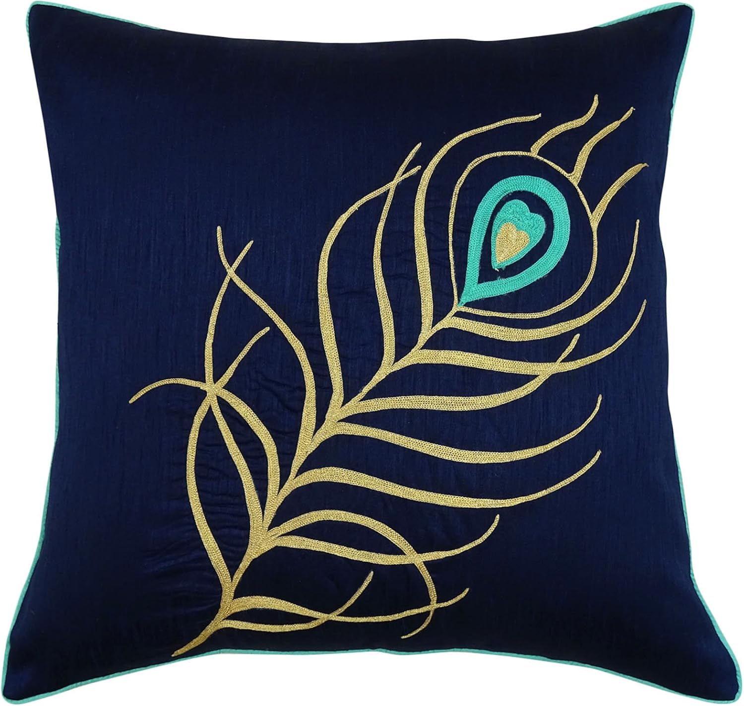 S4Sassy Peacock Feather Embroidered Cushion Cover Blue Square Poly