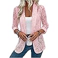WDIRARA Women's Lace Open Front Long Sleeve Sheer Elegant Casual Blazer Jacket