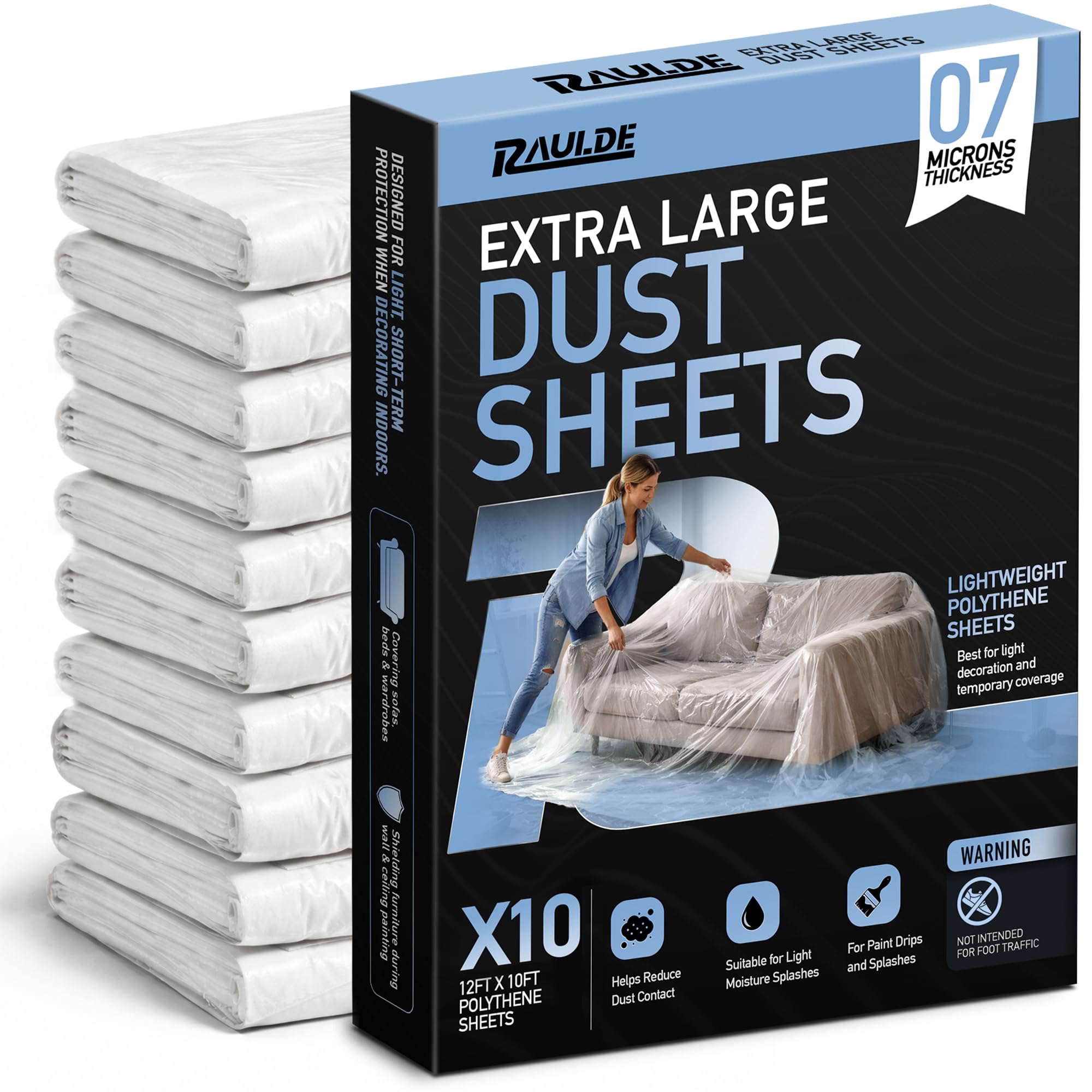 12x10FT 10 Pack Extra Large Plastic Dust Sheets for Decorating - 3.6M x 3M- Plastic Dust Sheets for Painting - Clear Plastic Sheet for Furniture & Floor - Polythene Sheeting - Decorating Sheet -RAULDE