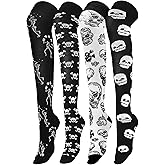Fourluoo 4 Pairs Halloween Socks Women Men Knee High Compression Socks for Halloween Nurses Running (Skeleton,Skull,S/M)