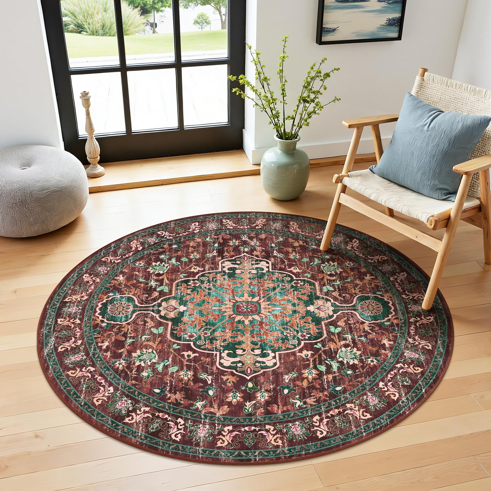 U'Artlines Boho Vintage Round Area Rug 4ft Machine Washable Low Pile Soft Floor Carpet Non Slip Non Shedding Accent Rug for Living Room Bedroom Entryway Dining Room Office Rust＆Teal Image