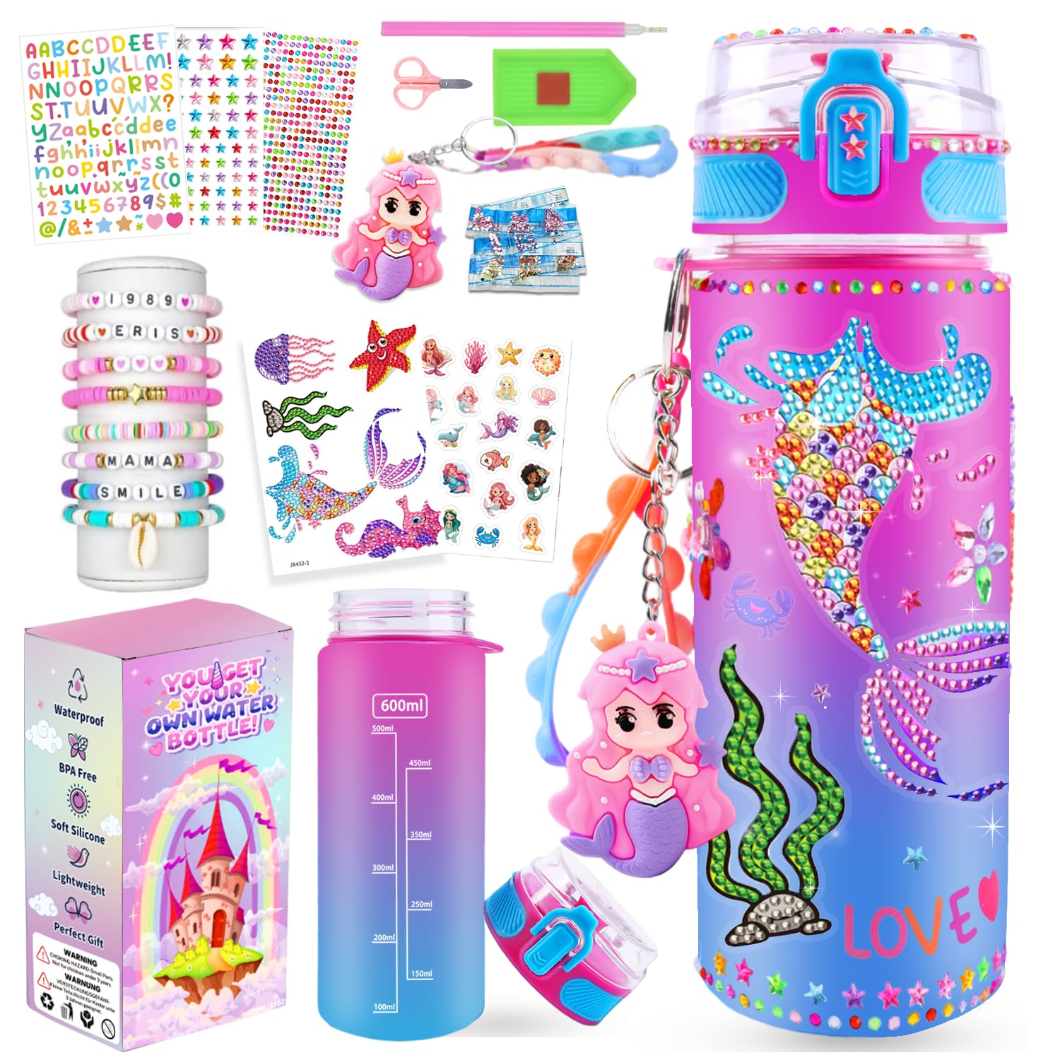 Decorate Your Own Water Bottle for Gifts for Girls - Christmas/Easter/Birthday Gift Ideas, Fun DIY Activity Crafts for Kids, Great Gift for Little Girl Painting Crafts Kit (Iridescent Mermaid)