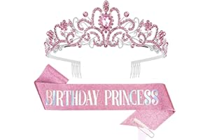 CIEHER Princess Crown and Birthday Sash Set, Pink Tiara for Women, Birthday Decorations for Girls, Gifts