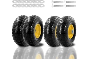 FENLUQI 4PCS Upgrade 4.10/3.50-4 Flat Free Solid Rubber Tire and Wheel, 10" Solid Tires Cart Replacement For Gorilla Carts,Wagon,Wheelbarrow,Garden cart,5/8" Bearings, 2.17" Offset Hub, 440lbs Capacity