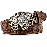 SANSTHS Cowboy Belts for Men Women Western Buckle Belt Cowboy Cowgirl Embossed Leather Belt for Jeans Christmas Gifts Belt