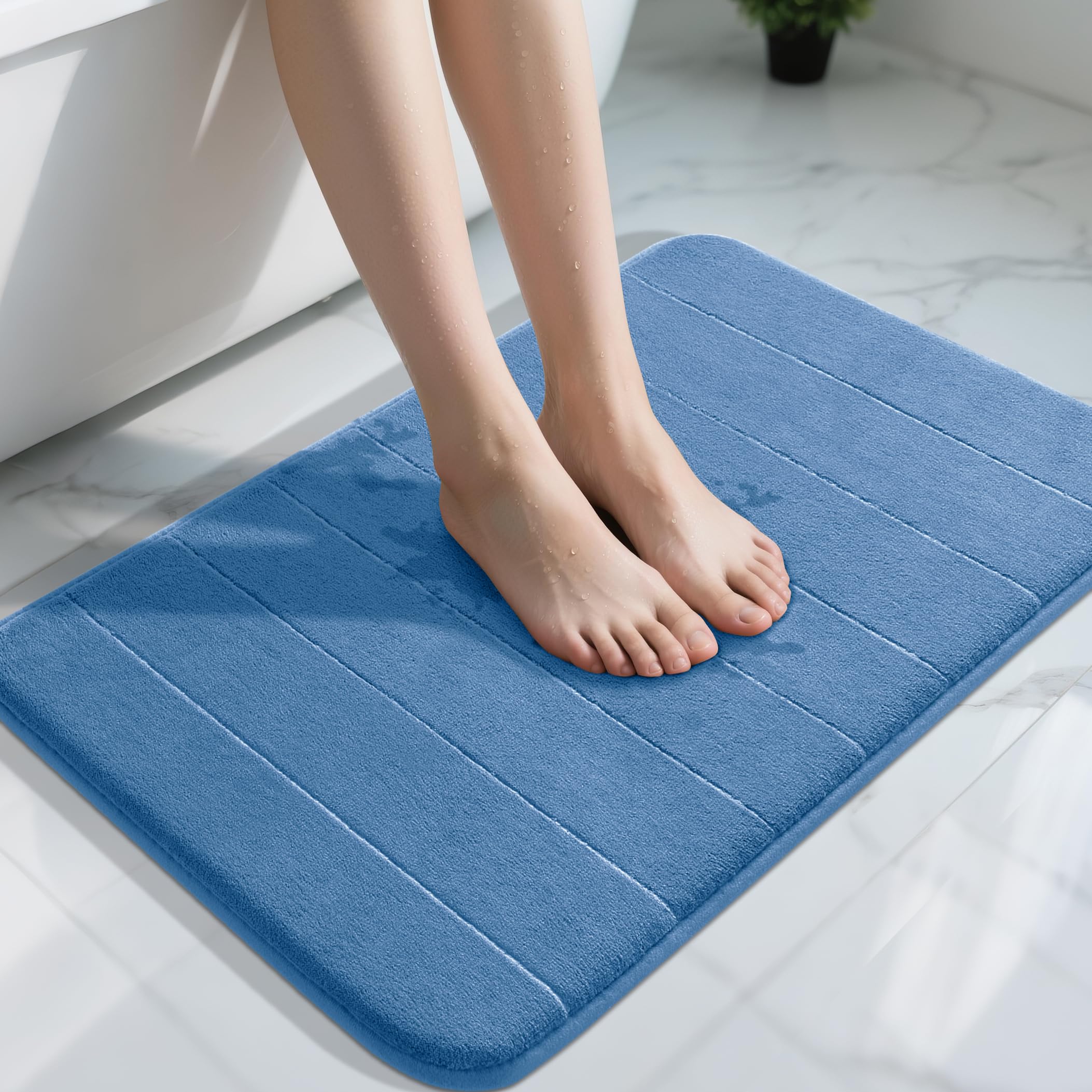 Yimobra Memory Foam Bath Mat, 51 x 81 cm, Soft and Comfortable, Super Water Absorption, Non-Slip, Thick, Machine Wash, Easier to Dry for Bathroom Floor Rug, Blue