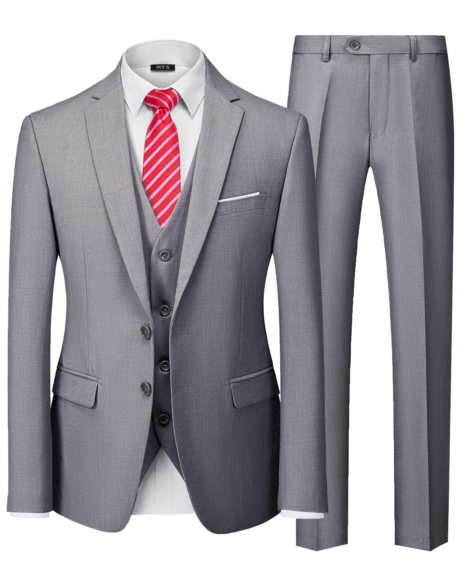 Photo 1 of MY'S Men's 3 Piece Slim Fit Suit Set with Tie, 2 Button Blazer Jacket Vest & Pants, Business Wedding Party Prom Suit for Men, Light Grey 3X-Large