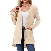 YuYukan Women Cardigans Open Front Lightweight Button Down Duster Long Cardigan Vertical Stripes Pockets for Casual Fall