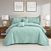 HZ & HY Botanical Oversized King Bedspread, Leaves Pattern Stitching Quilt Set, Elegant & Fresh Style Bedding Cover, Reversible, Lightweight 5 Piece Set, Seaglass