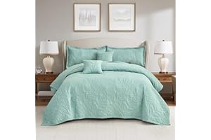 HZ & HY Botanical Oversized King Bedspread 128x120 Extra Wide, Leaves Pattern Stitching Quilt Set, Elegant & Fresh Style Bedding Cover, Reversible, Lightweight 5 Piece Set, Seaglass