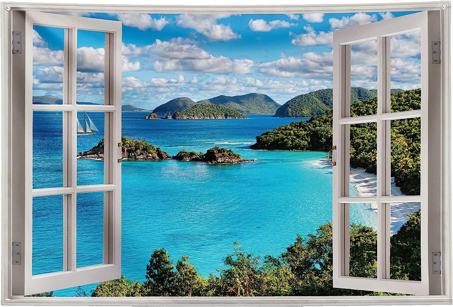 FENDROM Ocean Beach Tapestry Wall Hanging Blue Sea Tropic Island Paradise Summer Coconut Tree Palm Seaside Window Nature for Bedroom Aesthetic