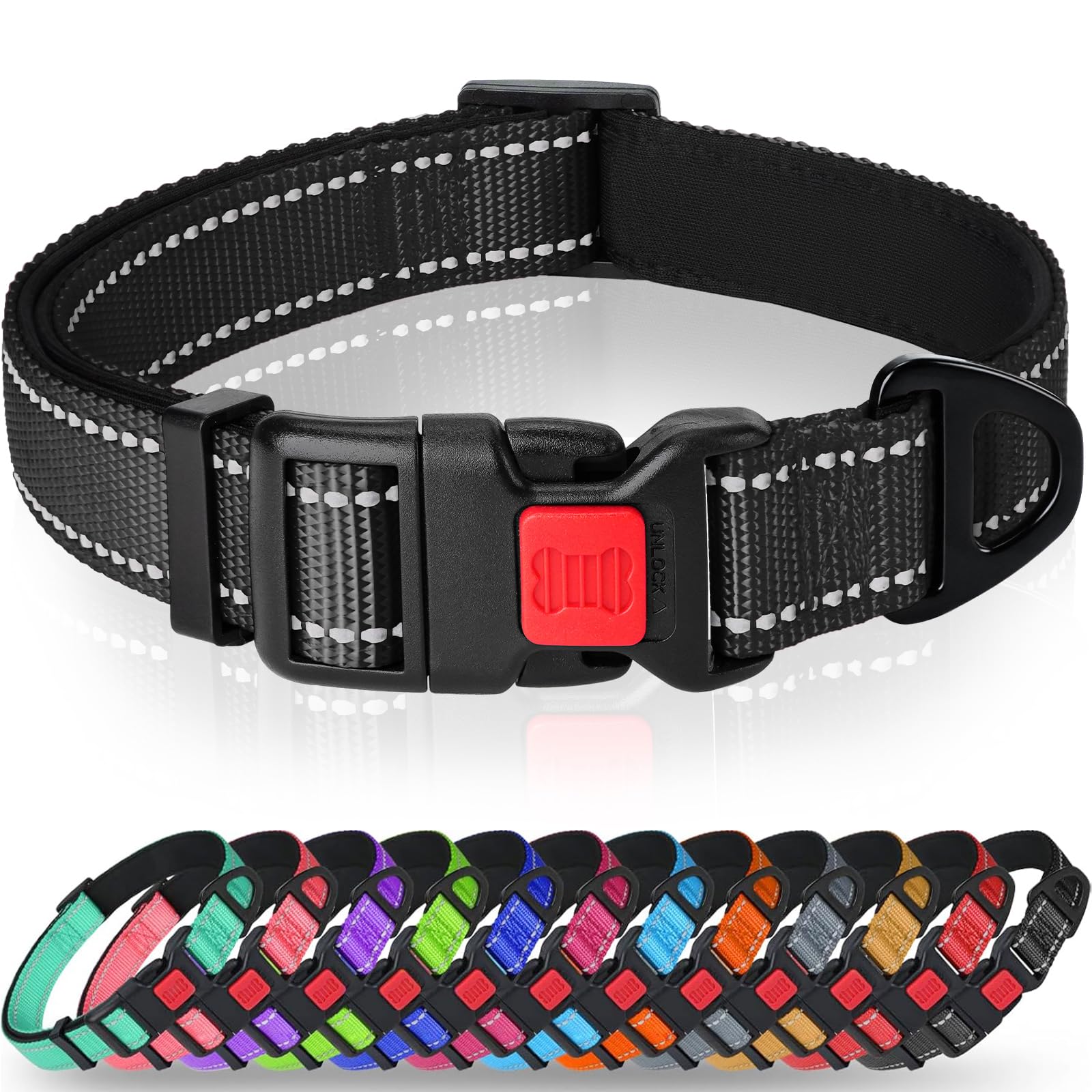 Taglory Reflective Nylon Dog Collar with Safety Buckle, Adjustable Pet Collars with Soft Neoprene Padding for Medium Dogs,Black