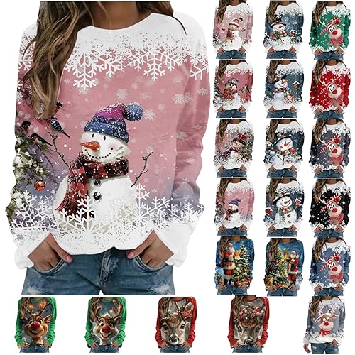 Christmas Jumper for Family Womens Fleece Jumper Christmas Jumpers for Women Uk Snowman Reindeer Printed Sweatshirt Xmas Long Sleeve Novelty Hoodies Funny Cute Sweaters Oversized Pullover Pink S