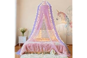 Eimilaly Two-Tone Bed Canopy Mosquito Net Pink Purple with 250pcs Warm Lights, Bed Canopy for Girls Room Decor, Single Door