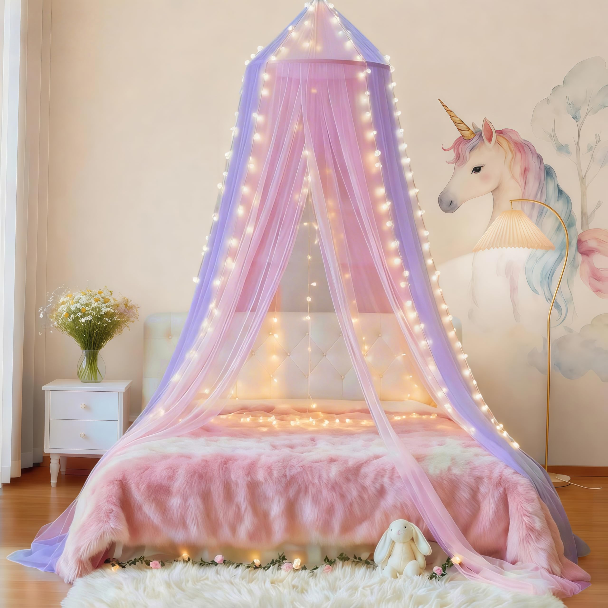 Eimilaly Two-tone Bed Canopy Mosquito Net Pink Purple with 250pcs Warm Lights, Bed Canopy for Girls Room Decor, Single Door