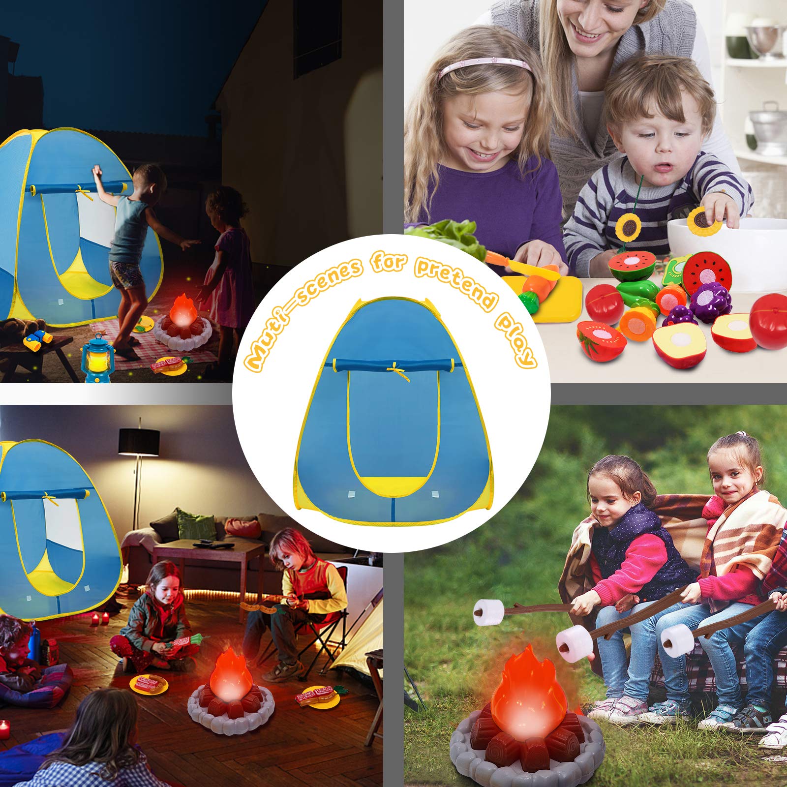 MITCIEN Kids Camping Play Tent with Toy Campfire / Marshmallow /Fruits Toys for Boys Girls Indoor Outdoor Pretend-Play Game