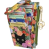 Gemfit Slim Small Card Wallet for Women – Cute Card Holder Wallets with Keychain Credit RFID Blocking Holds 7 Cards, Leather Fashion Design for Female Ladies Teen Girls, Cat Flower