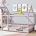 PVWIIK Twin Size Montessori Floor Bed with Roof & Fence for Boys Girls Bedroom,Twin Size Platform Solid Wood Bed Frame w/Safety Guardrails,Easy Assemble,No Box Spring Needed, Pink