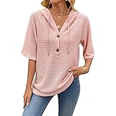 Women's Short Sleeve Tops Waffle Knit Hoodies Drawstring Button V Neck Casual Blouses Shirts Spring Summer Outfits