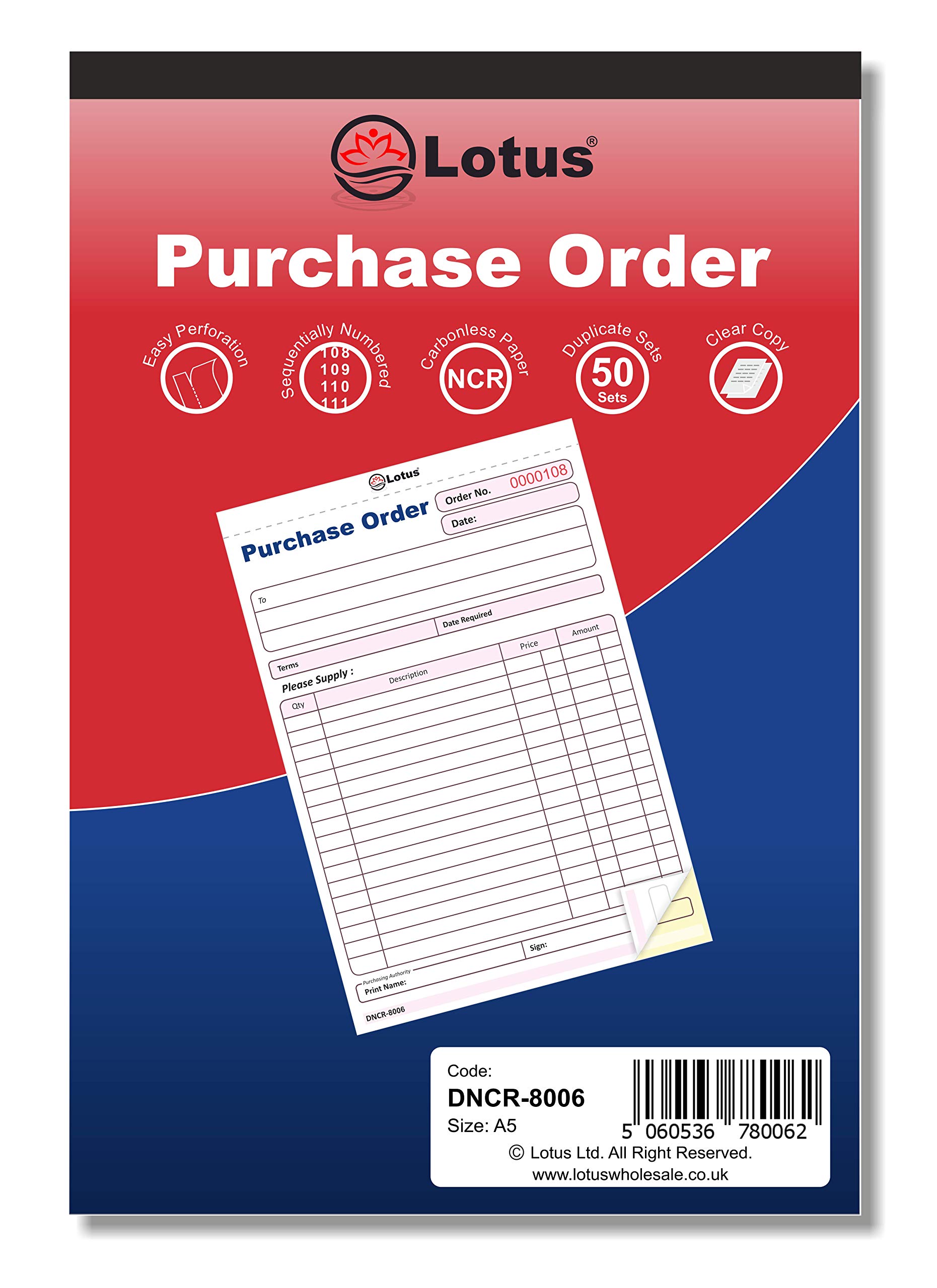 Duplicate Purchase Order Book NCR, A5 (143 x 210mm), Purchase Order Book Duplicate, 2-Parts Carbonless - DNCR-8006 (5 Books)