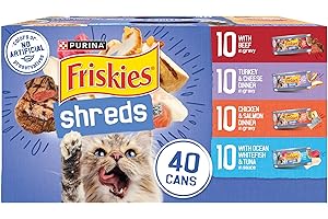 Purina Friskies Wet Cat Food Variety Pack, Shreds With Beef, Turkey and Cheese Dinner, Chicken and Salmon Dinner, and With Ocean Whitefish and Tuna - (Pack of 40) 5.5 oz. Cans