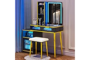 HNEBC Vanity Desk with Mirror and Lights,Black Vanity Set with USB&Type-C&Wireless Charging,Makeup Vanity with Drawers/Stool, Voice Control Switch Vanity Makeup Desk for Bedroom&Dressing Room,Black