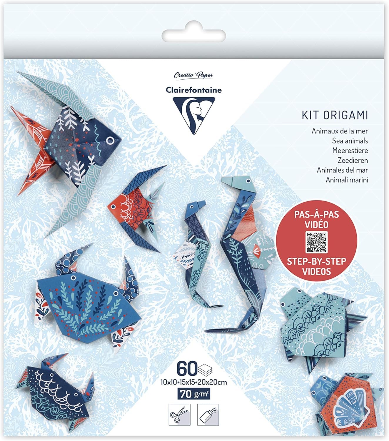 Clairefontaine 95367C Kit of 60 Sheets Origami Paper 70g/m² 3 Sizes 10x10cm 15x15cm 20x20cm Step-by-Step 4 Designs Including 5 Illustrations Marine Wildlife