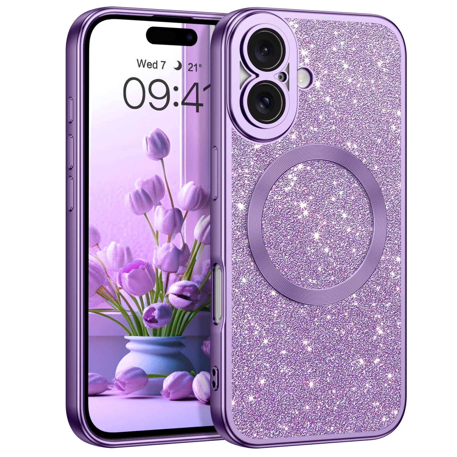 YINLAI for iPhone 16 Magnetic Case[Compatible with Magsafe] Glitter Protective Cover Slim for Women Shockproof Bling Phone Case for iPhone 16 6.1", Purple