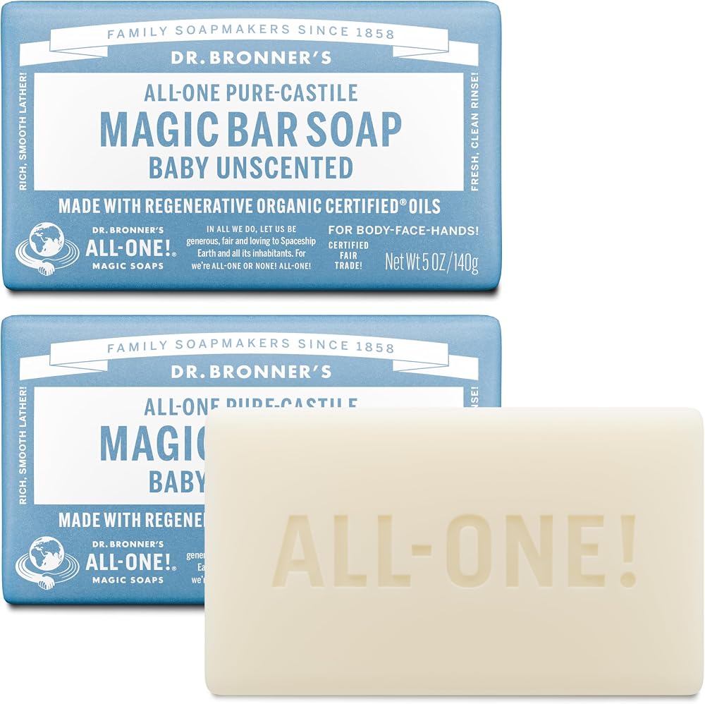 Dr. Bronner's - Pure-Castile Bar Soap (Baby Unscented, 5 ounce, 2-pack) - Made with Organic Oils, For Face, Body, Hair, Gentl