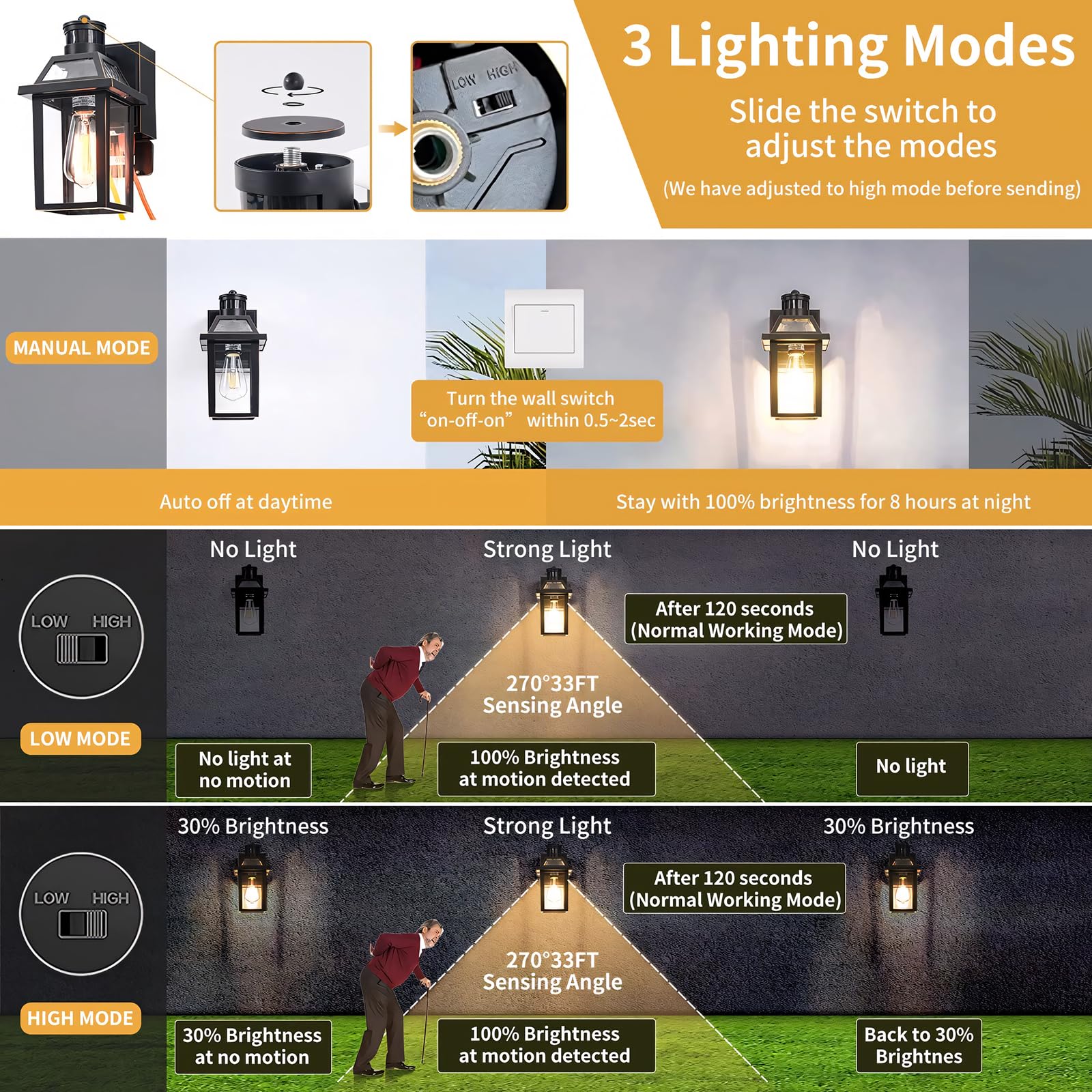 Porch Lights with GFCI Outlet, Dusk to Dawn Outdoor Lights with Outlet, 3 Lighting Modes Exterior Light Fixture Waterproof, Outside Lights for House Front Door Patio Garage