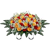LOSFOTBO Headstone Flower Saddle,Large Artificial Cemetery Flowers for Grave,Cemetery Memorial Flowers for Outdoor Tombstone Decorations(Red Yellow)