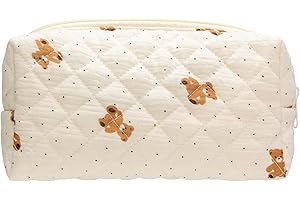 PAZIMIIK Vintage Quilted Makeup Bag Cosmetic Pouch for Brushes Pencils and Travel Make Up Accessories for Women and Girls Bear Beige