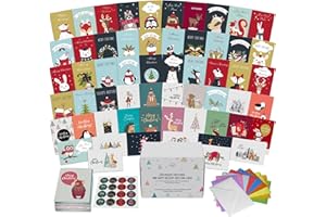 Dessie 100 Unique Modern Christmas Cards with Envelopes and Matching Sealing Stickers. Happy Holiday Cards with Short Greetings Inside. Bulk Christmas Cards Boxed with Envelopes
