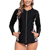 Halcurt Women's Full Zip Long Sleeve Rash Guard Swim Top with Pockets UPF50+ Quick Dry Swimsuit