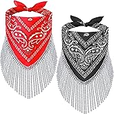 Handepo 2 Pcs Disco Fringed Bandana Last Disco Paisley Bandanas Rhinestone Fringe Bandanas for Women Western Party Favor