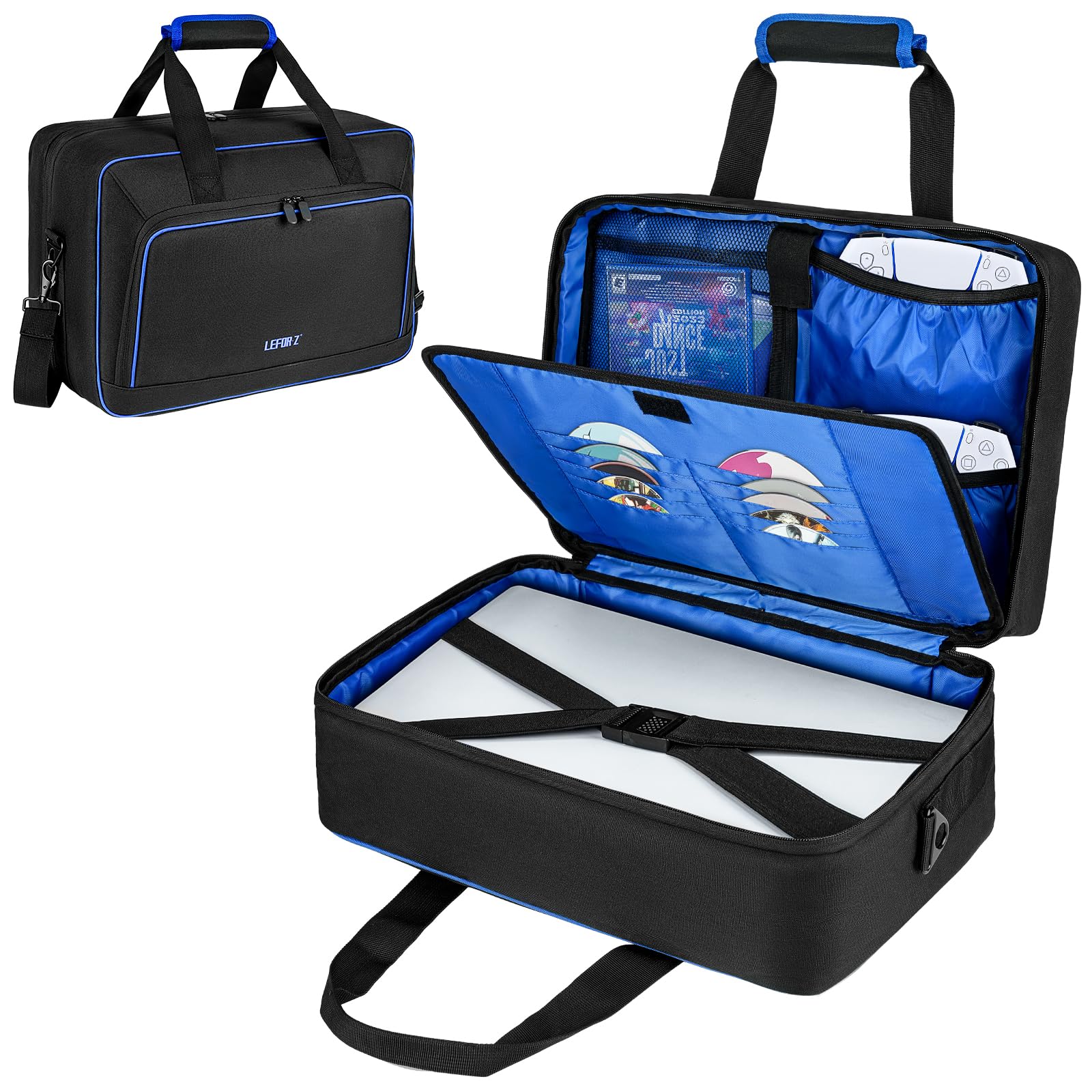 Carrying Case Compatible with PS5/PS5 Pro/PS4,17 Pockets Travel Storage Bag with Thick Padding Compatible with Playstation 5/PS5 Digital Edition,Controller,Game Discs,Charger & Accessories,Black,Blue