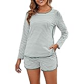 Namatime Cotton Pajama Sets for Women Soft 2 Piece Stripe Lounge Set Long Sleeve Shorts Pjs Loungewear Sleepwear with Pockets