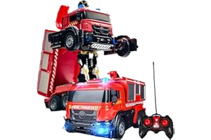 Wellinology RC Toy Car Fire Truck Transforming Robot Red with One-Button Remote Control Vehicle Transforming 360 Degree Rotation Drifting Fire Truck Toys Gift for 4-7 Boys