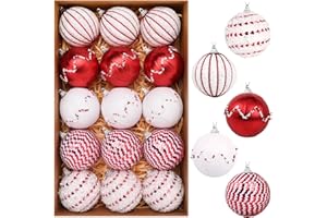 TranquilBliss Christmas Ball Ornaments, 3.14’’ 15 PCS Christmas Tree Decorations, Pre-Strung Hanging Balls Decorations for Xmas Tree, Wreath, Garlands, Holiday Party Home Decor (Red and White)