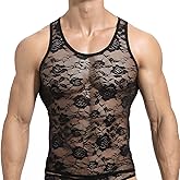 DKEGIFF Men Lace Shirt See Through Tank Top Sleeveless Fishnet Sheer Underwear Sissy Lingerie for Crossdressers