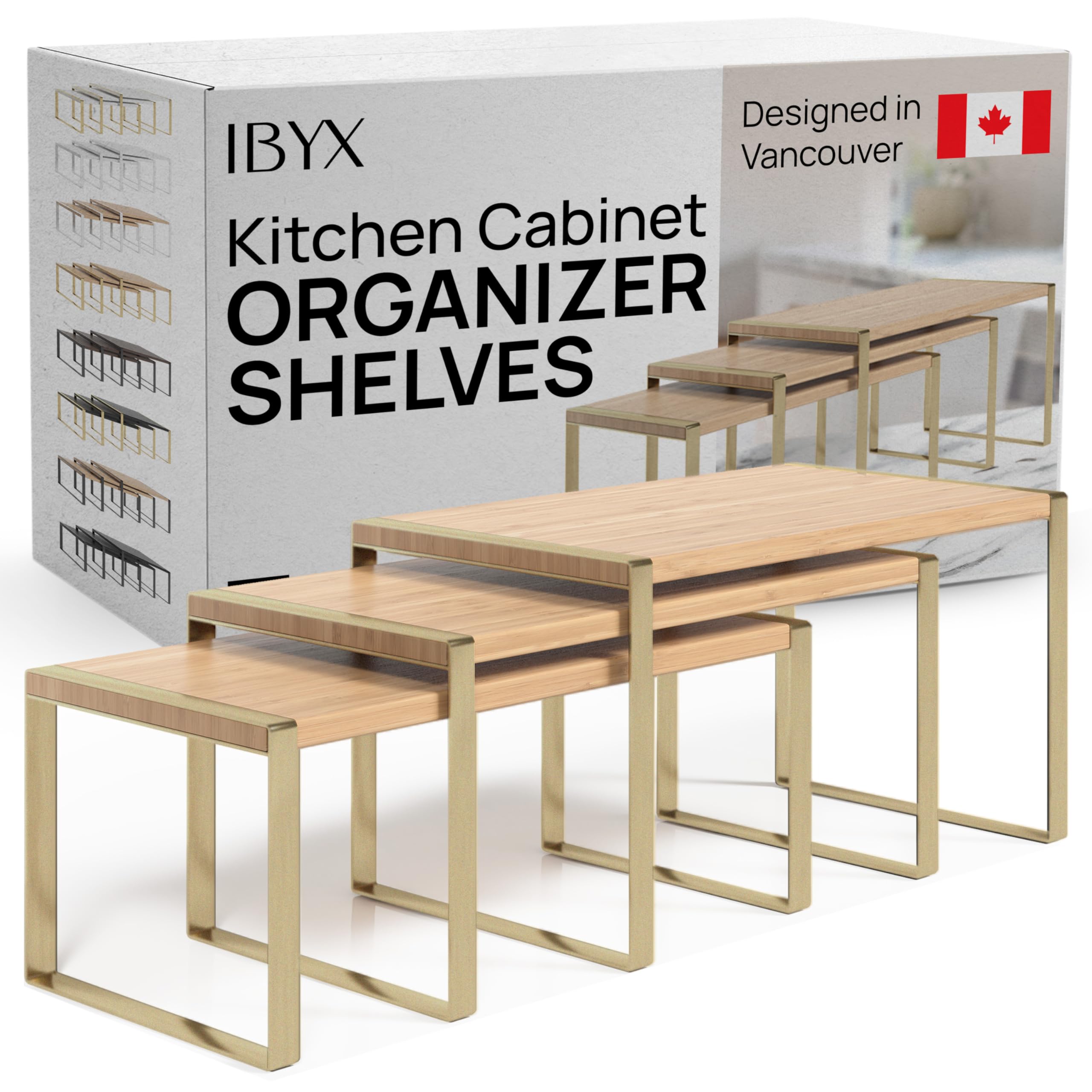 Photo 1 of Ibyx Premium Kitchen Cabinet Organizer Shelf - Set of 3 Kitchen Counter Shelves - Stackable Shelf Racks for Cabinets - Metal Frame & Engineered Wood (Natural Wood, Gold Frame)
