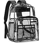 Flowston Clear Backpack Heavy Duty, 17 Inch Large TPU Clear Bookbag for Boys Girls Adult, See Through Book Bag Transparent Backpacks with Multiple Pockets for School College Work Casual Sport, Black