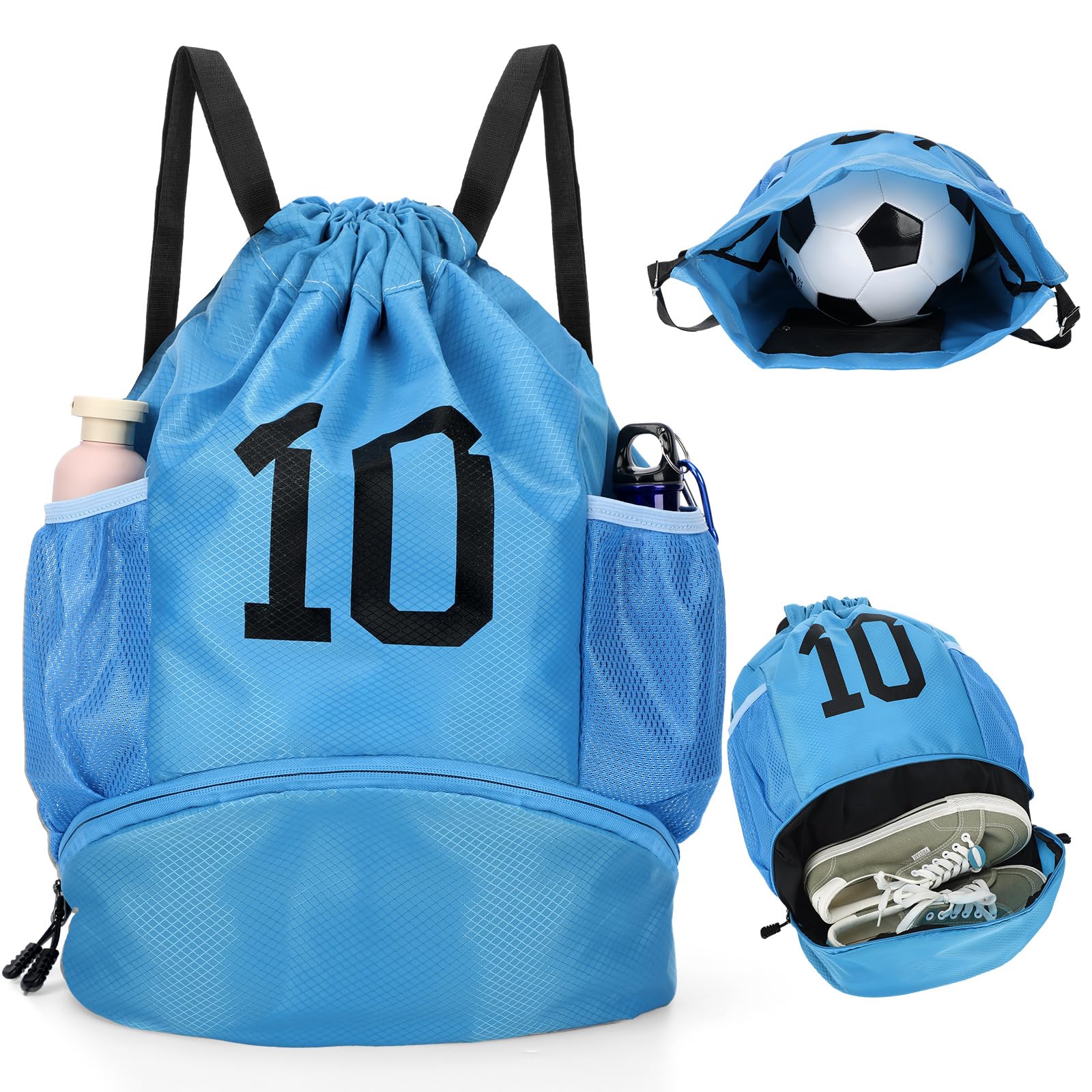 Photo 1 of Drawstring Soccer Backpack Sports with Ball and Shoe Compartment Side Mesh Pockets Soccer Bags Water Resistant String Swim Gym Bag Wet Proof Pocket for Women Men